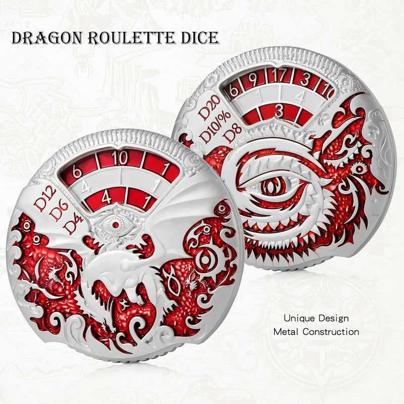 DNDND مجموعة نرد معدنية دوارة 7 في 1 لنرد D&D مع صندوق هدايا فاخر لألعاب الزنزانات والتنين والألعاب اللوحية (فضي مع أحمر) - Image 4